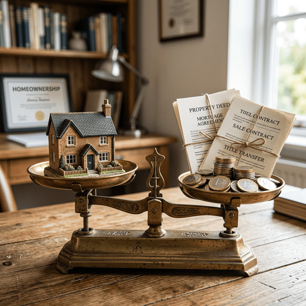 Vintage balance scale with a model house on one side and property deeds, contracts, and coins on the other